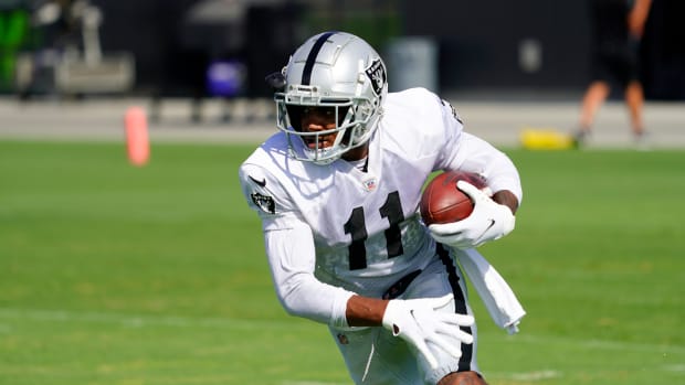 Jul 28, 2022; Las Vegas, Nevada, US; Las Vegas Raiders wide receiver Demarcus Robinson runs with the ball during training camp at Intermountain Healthcare Performance Center.